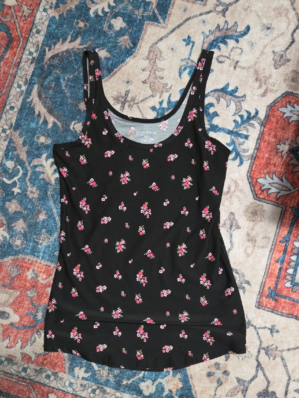 No Boundaries Black Tank Top with Pink Floral Print